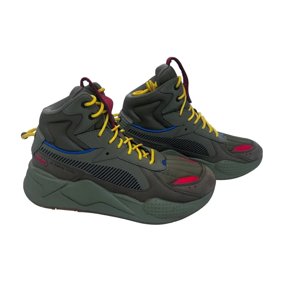 Puma RS-X Midtop Sneakers Mens Olive Green Grey Yellow High Top 373059-01‎